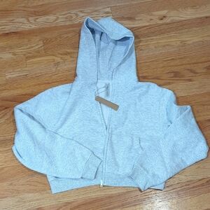 SKIMS Light Heather Gray Cotton Fleece Cropped Zip Up Hoodie